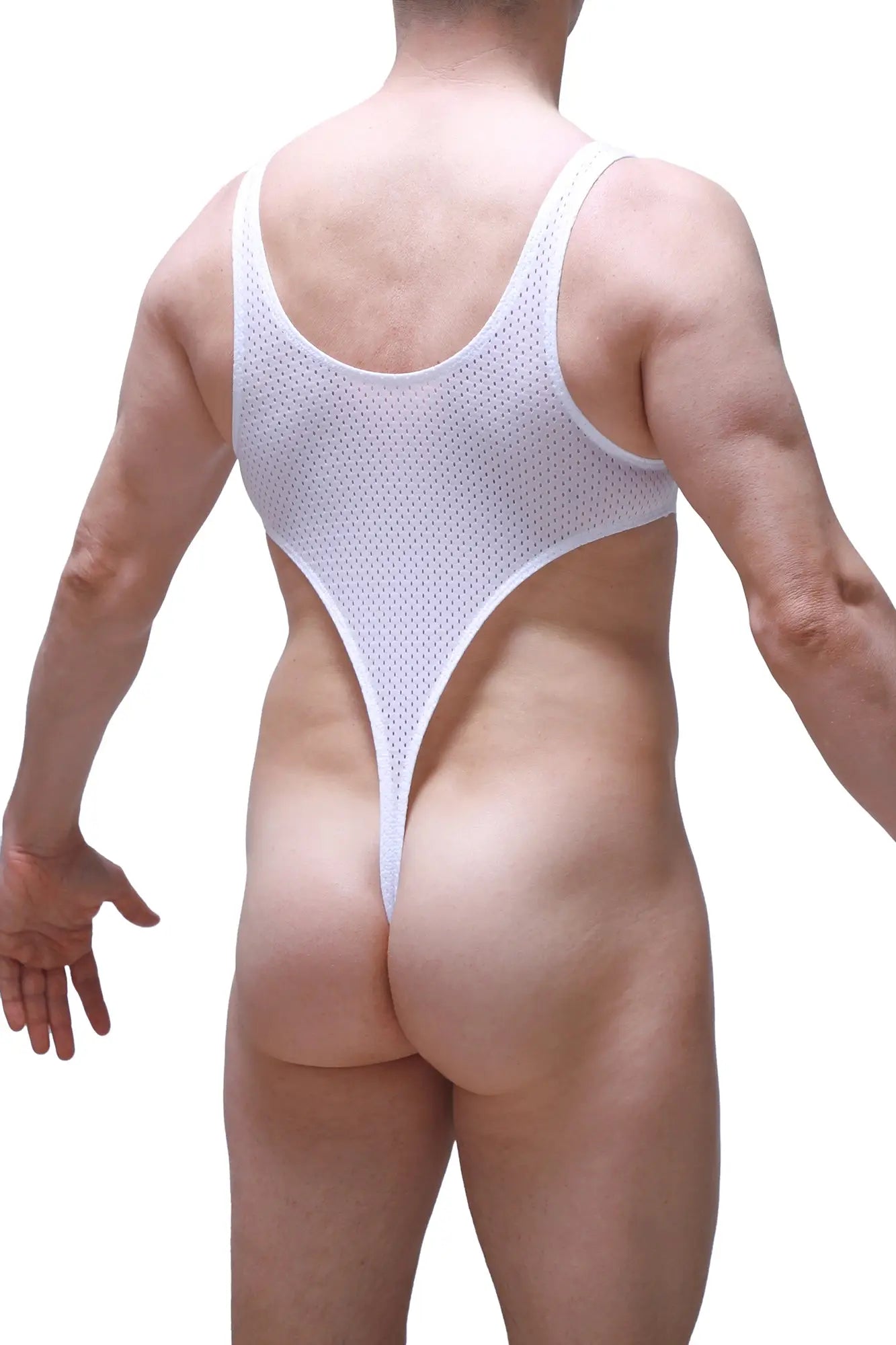 White mesh one-piece swimsuit petitq bodythong carbay bee with plunging back and high-cut leg openings back view