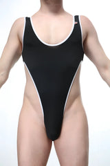 Black PetitQ Bodythong Carbay one-piece swimsuit with white trim along neckline and side seams for stylish swimwear