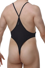 Black mesh petitq bodythong causson macra one-piece swimsuit with thin crisscross straps and low-cut back shown from back