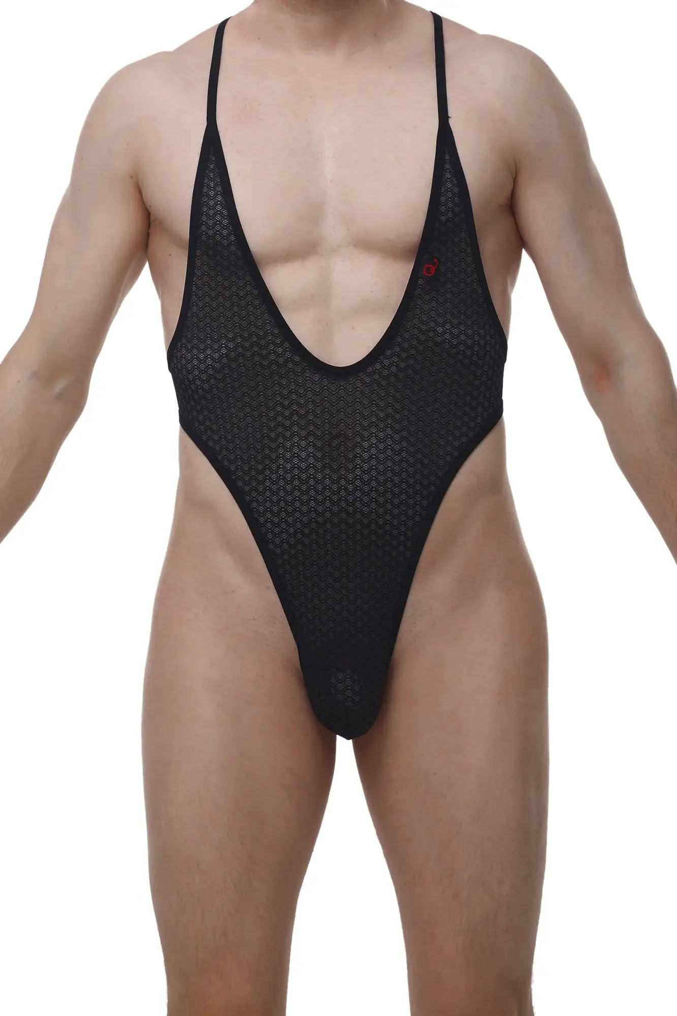 PetitQ bodythong causson macra black is a black mesh one-piece swimsuit with thin straps and a deep v-neckline