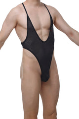 PetitQ Bodythong Causson Macra black black mesh one-piece swimsuit with thin straps and deep v-neckline front view