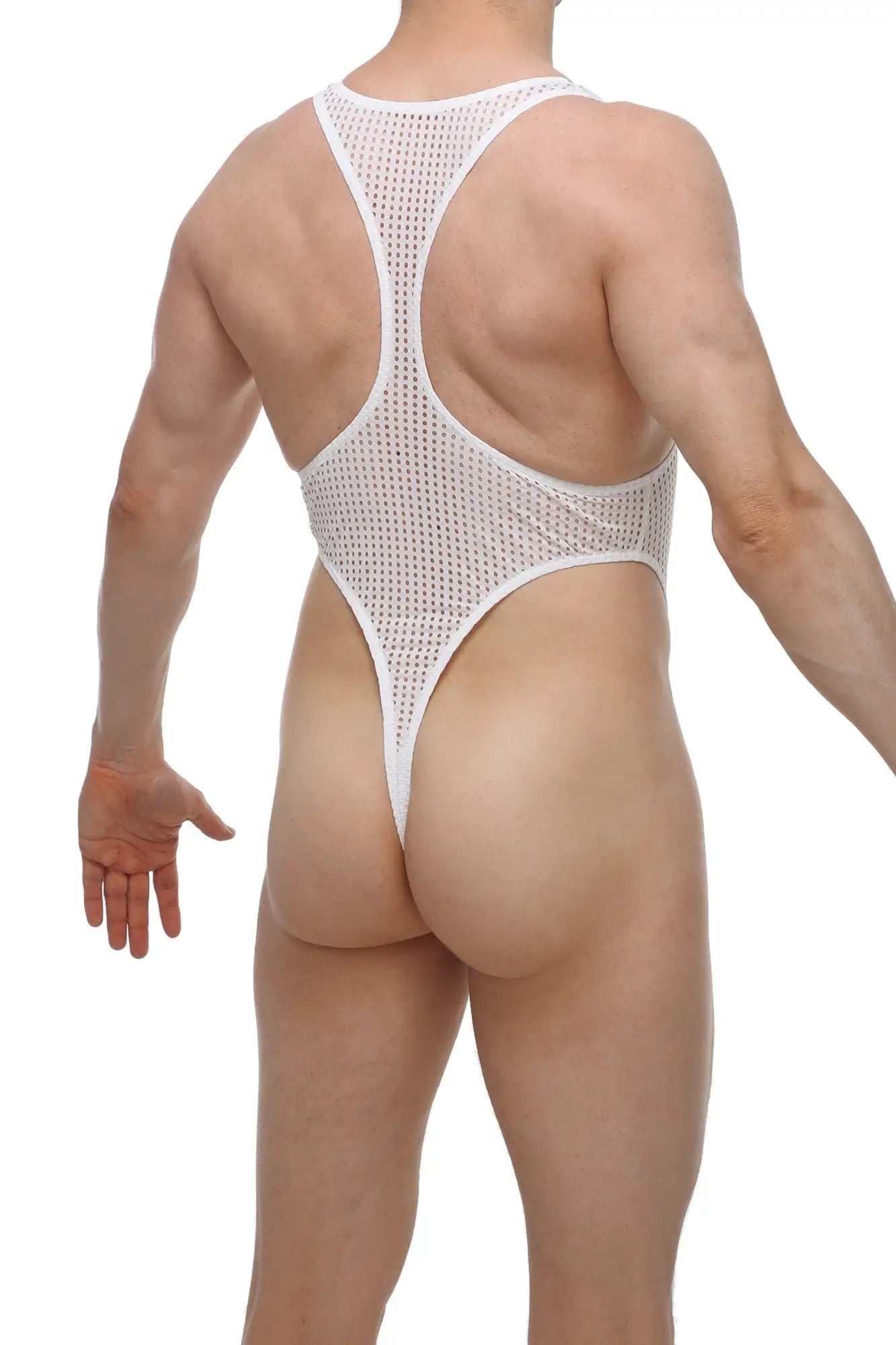 PetitQ bodythong journy Durtol white mesh one-piece swimsuit with high-cut leg design and racerback straps back view