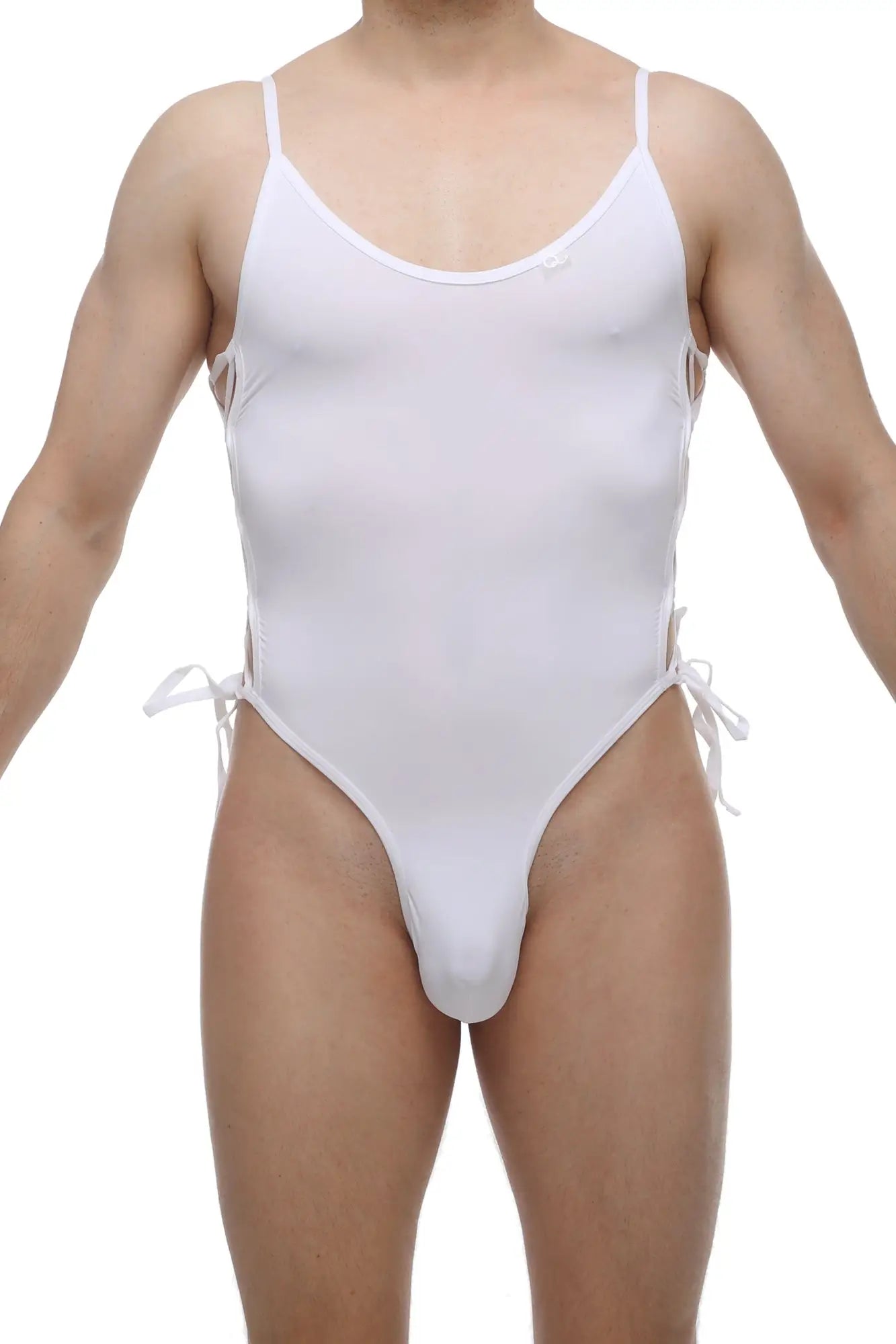 White petitq bodythong lacets one-piece swimsuit with thin spaghetti straps and side ties visible from the back