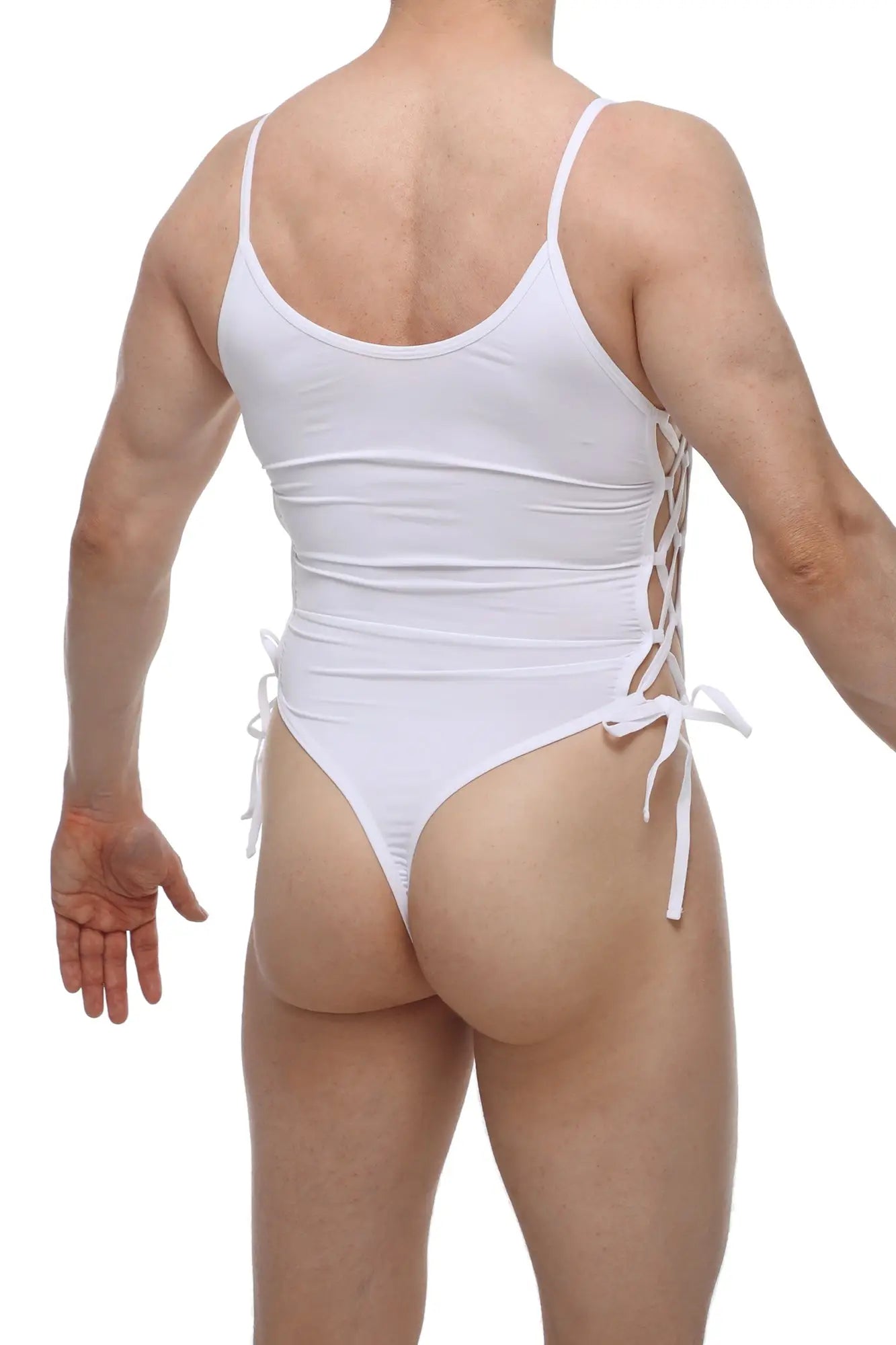 White one-piece swimsuit with thin straps and lace-up back design shown from the back in petitq bodythong lacets white