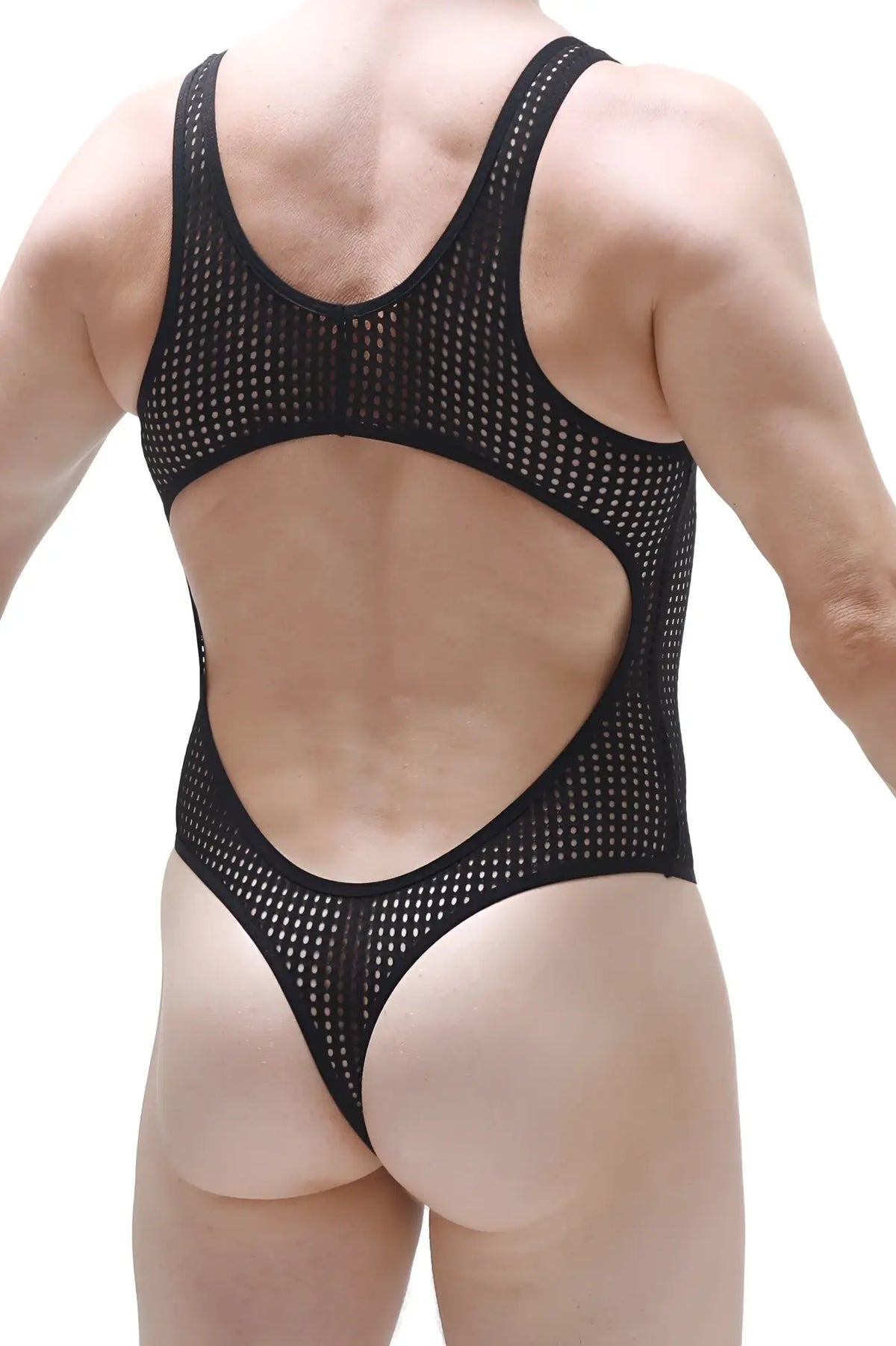 Black mesh one-piece swimsuit petitq bodythong nexon durtol with cutout back and thong bottom shown from the back
