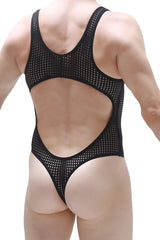Black mesh one-piece swimsuit petitq bodythong nexon durtol with cutout back and thong bottom shown from the back