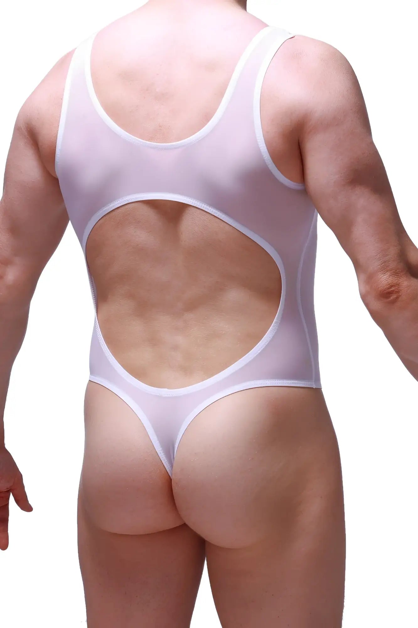 White sheer one-piece swimsuit petitq bodythong nexon net white with large back cutout and thin straps shown from back