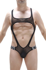 PetitQ bodythong Oze net black sheer mesh bodysuit with bold black trim and distinctive cutout design front view