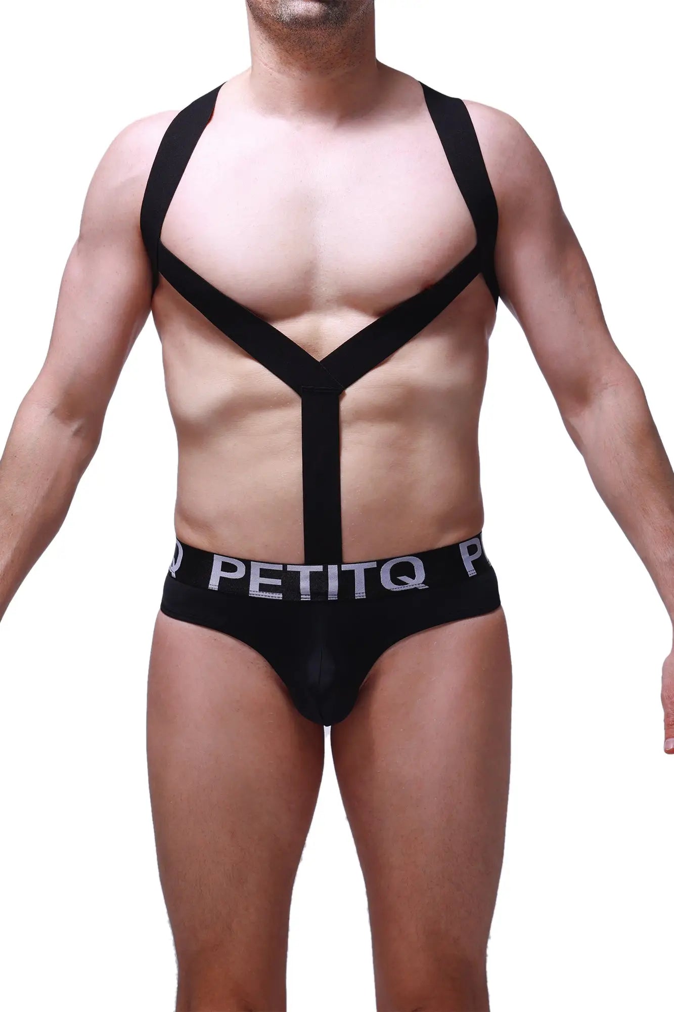 Black petitq bodythong ozel men’s harness-style underwear with y-shaped straps and elastic waistband front view
