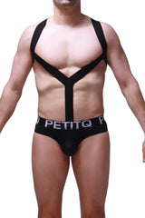 Black petitq bodythong ozel men’s harness-style underwear with y-shaped straps and elastic waistband front view