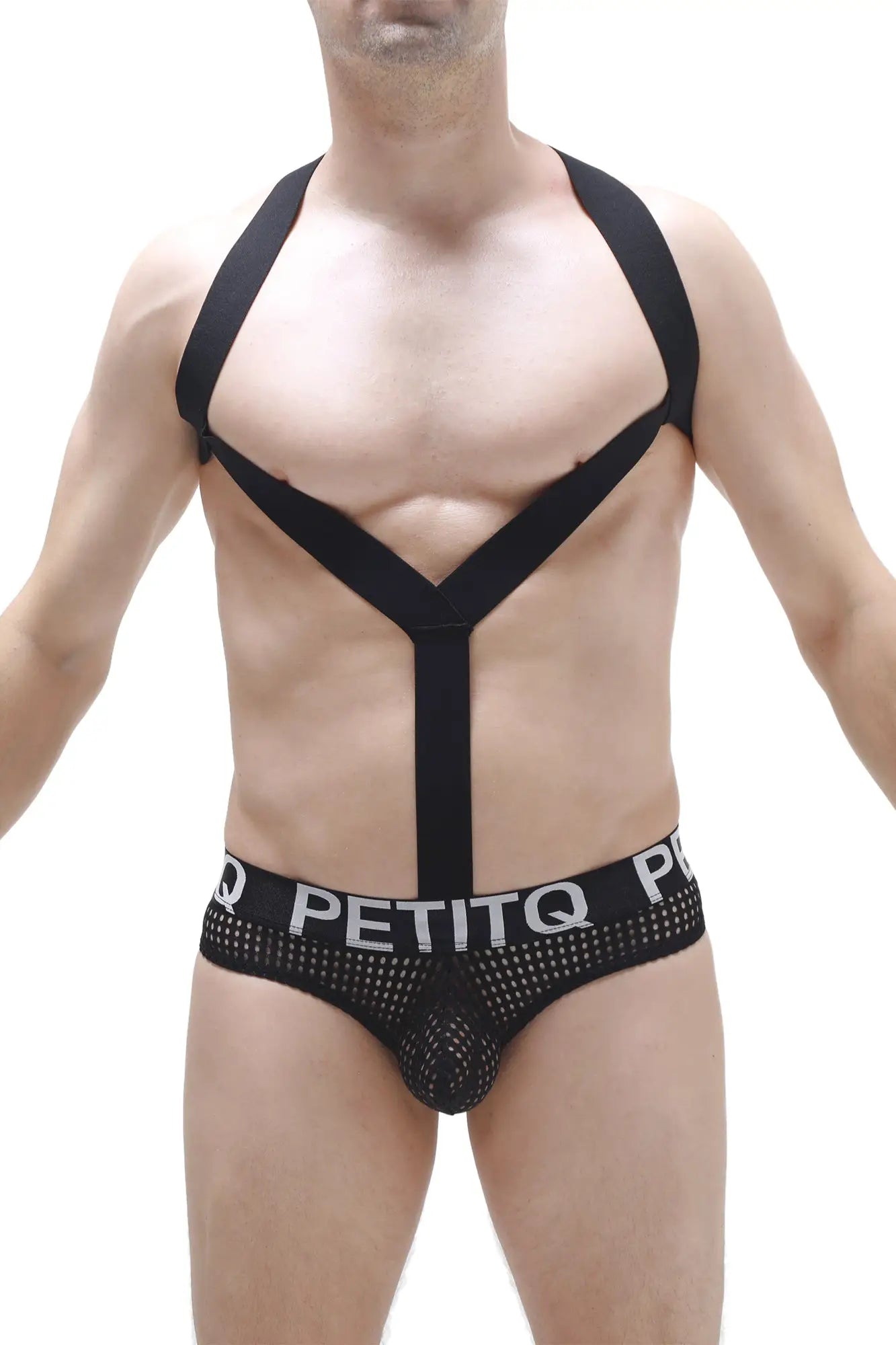 Black mesh PetitQ Bodythong Ozel Durtol briefs with bold logo band and matching x-shaped shoulder straps across chest