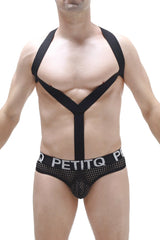 Black mesh PetitQ Bodythong Ozel Durtol briefs with bold logo band and matching x-shaped shoulder straps across chest