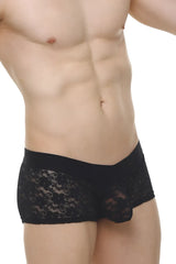 Black lace boxer Algun briefs with sheer floral pattern and solid black waistband for elegant lingerie wear