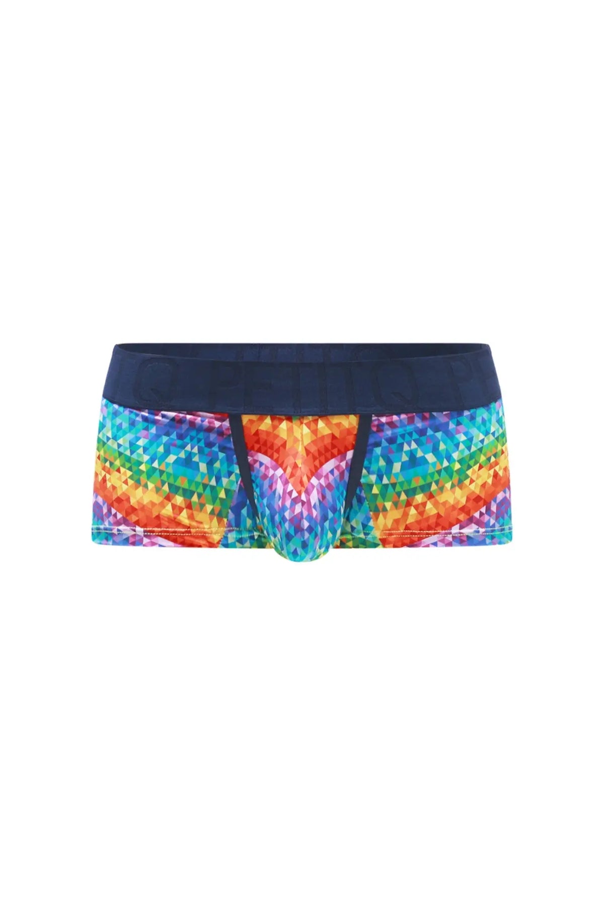 PetitQ boxer brief kaleidoscope rainbow-colored geometric pattern mens briefs with navy blue waistband