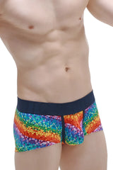 PetitQ boxer brief kaleidoscope rainbow-colored geometric pattern men’s briefs with solid navy waistband front view