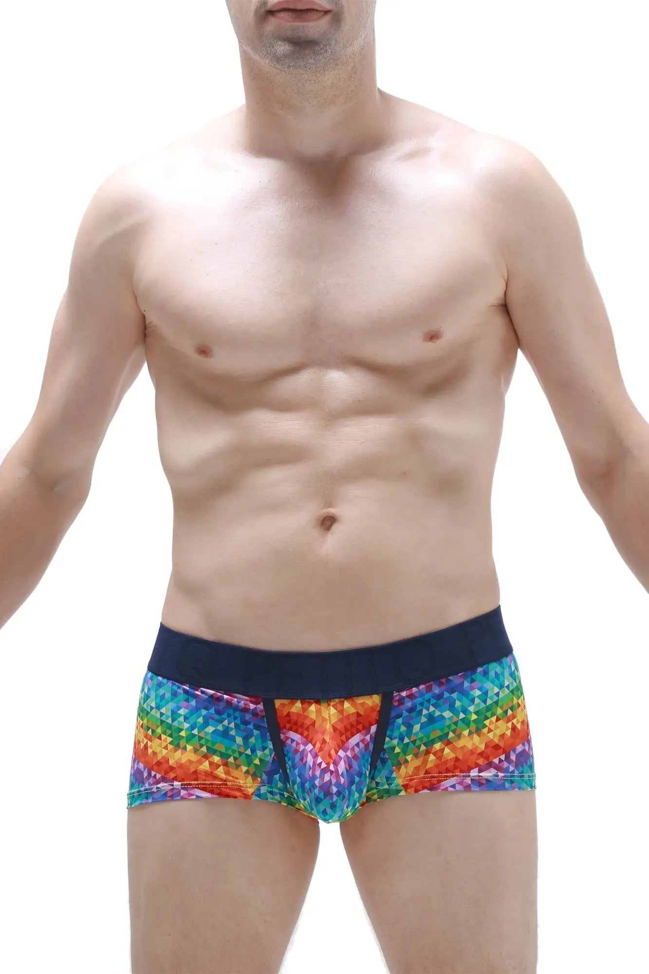 PetitQ boxer brief kaleidoscope featuring rainbow-colored geometric pattern and solid navy waistband for men