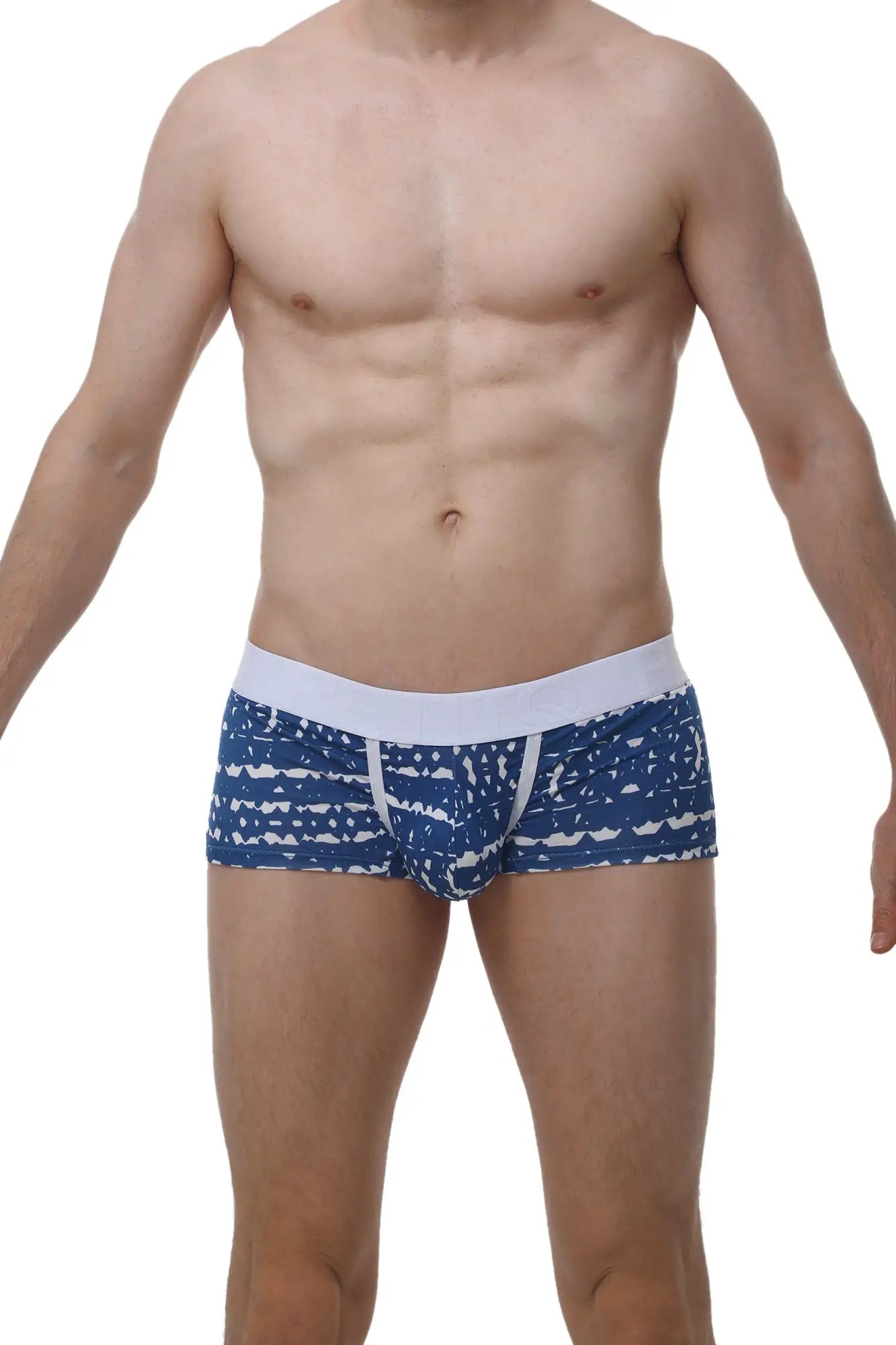 PetitQ boxer brief new denim blue and white patterned men’s briefs with solid white waistband front view