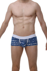 PetitQ boxer brief new denim blue and white patterned men’s briefs with solid white waistband front view