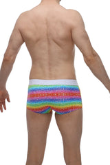 Petitq boxer brief rainbow in glittery rainbow stripes with a white waistband for men
