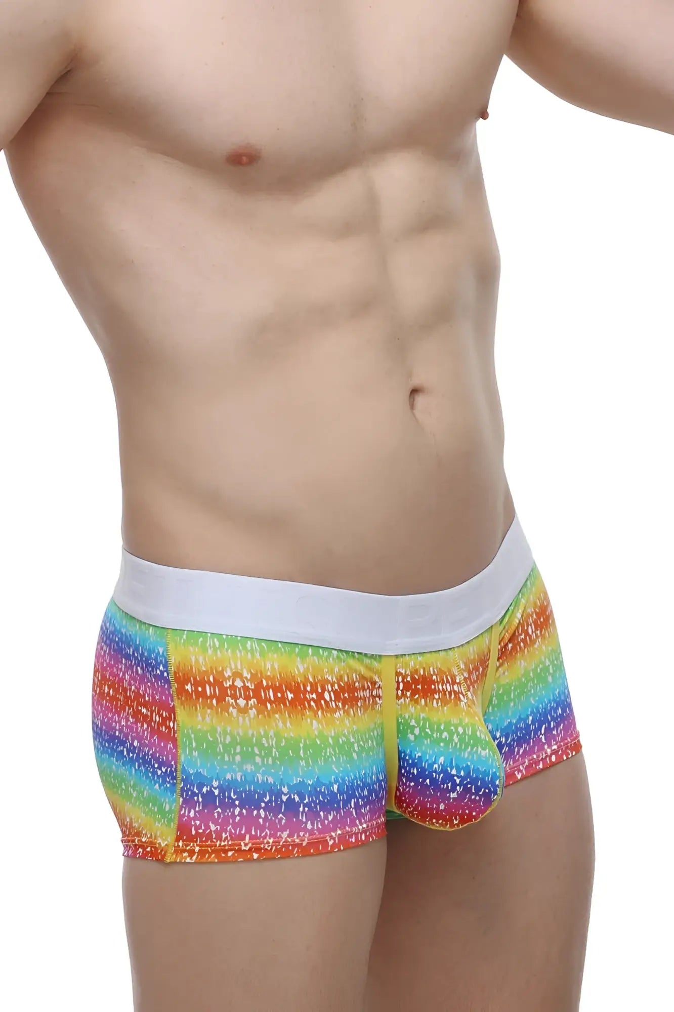 Petitq boxer brief rainbow with rainbow stripes white elastic waistband and speckled texture men’s briefs
