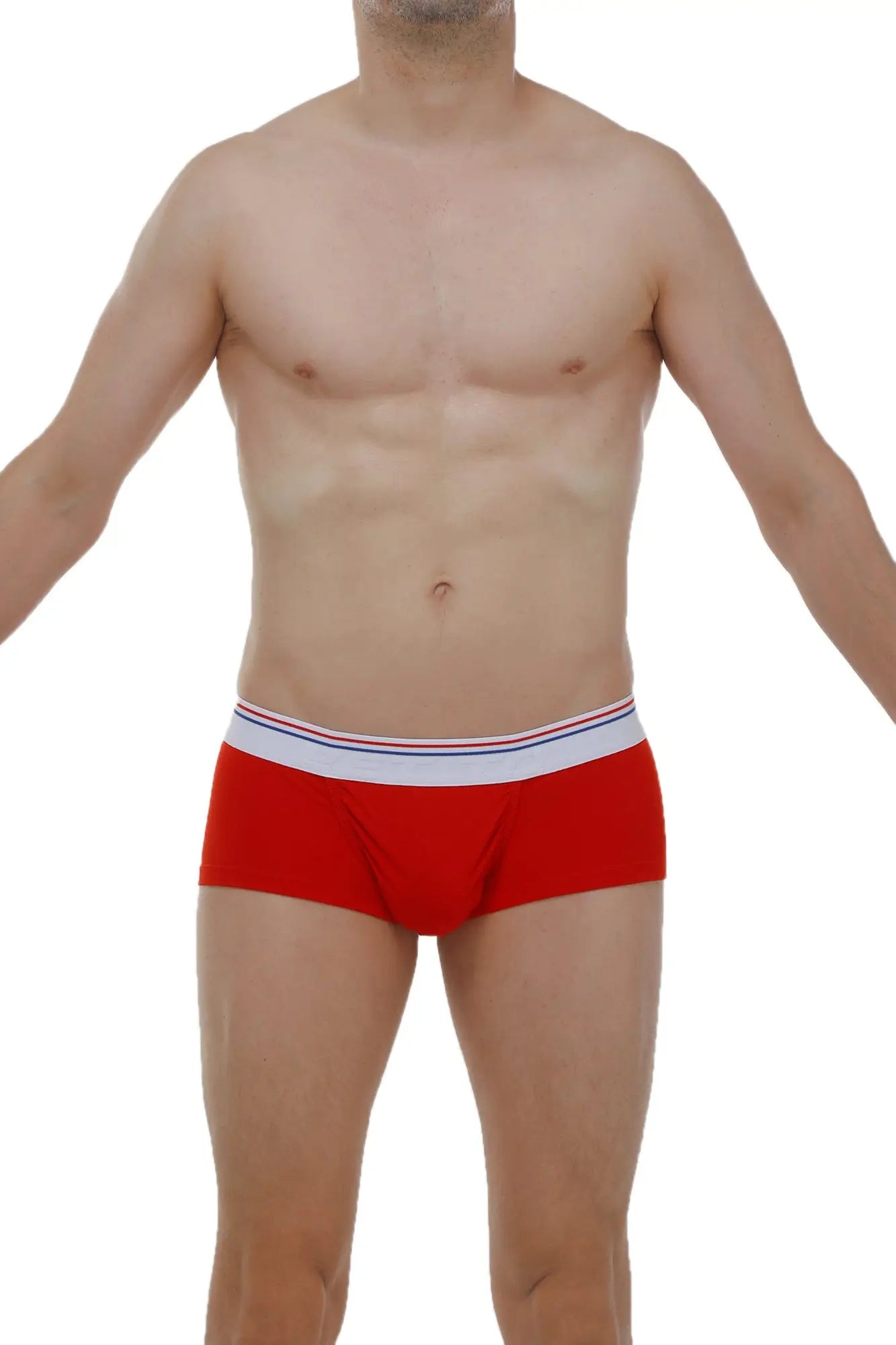 PetitQ boxer brief taik modal red mens briefs in red with white waistband and thin blue and red stripes