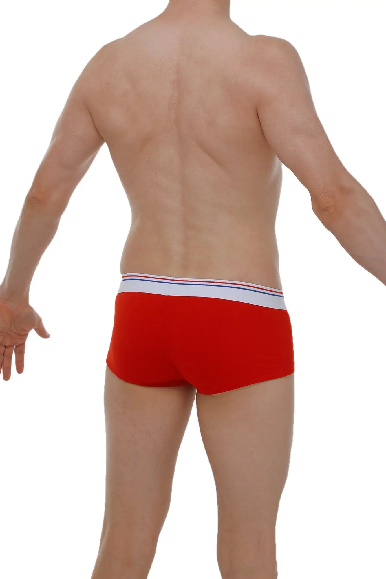 Red petitq boxer brief made from taik modal with white waistband featuring thin blue and red stripes