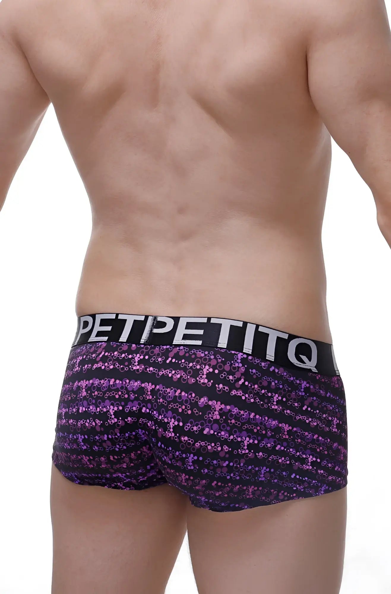 Purple and black sequined petitq boxer bulles briefs with a bold petitq waistband front view