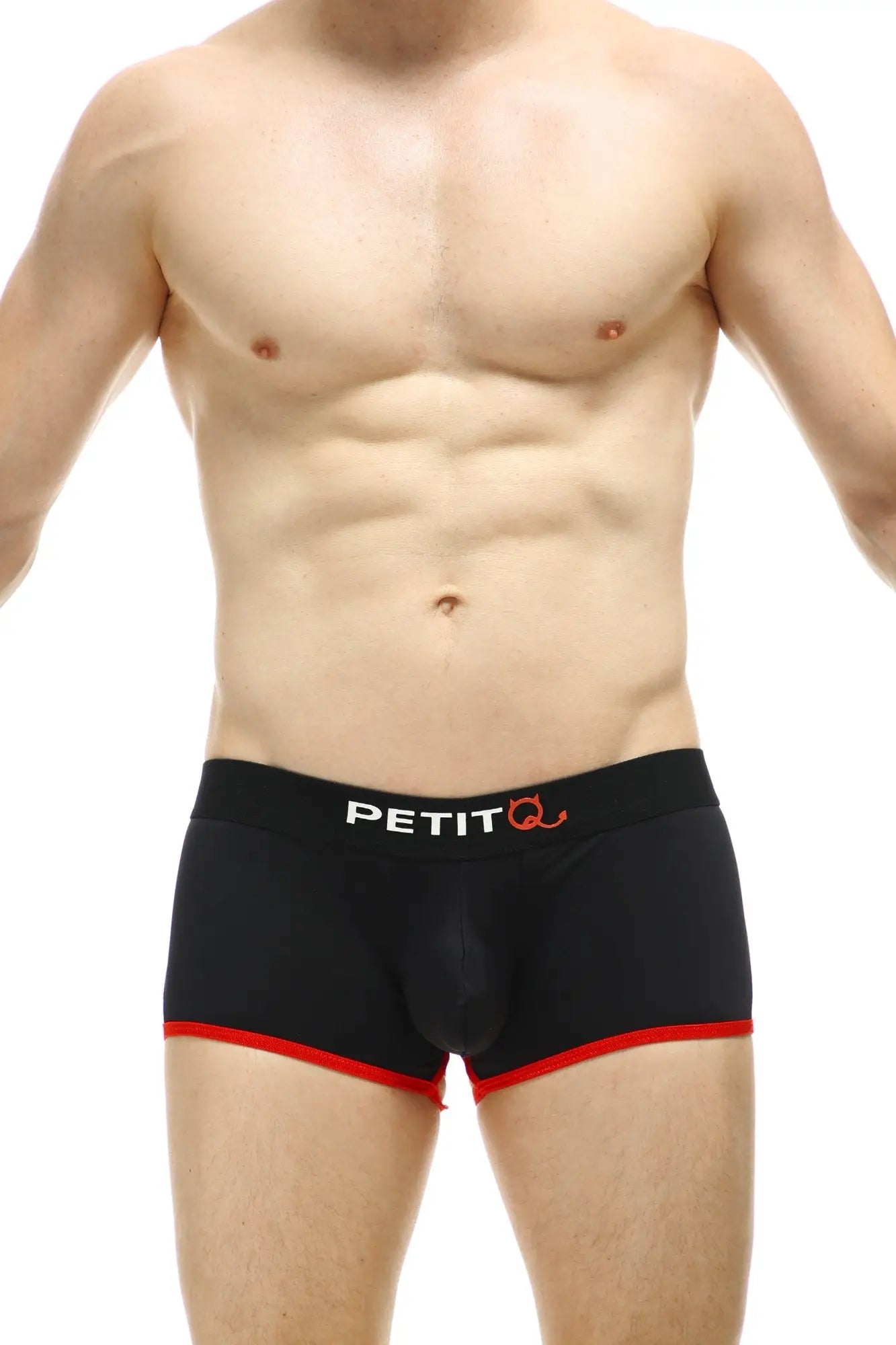Petitq boxer cercier black men’s briefs in black cotton with red trim and white petitq logo on the waistband
