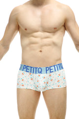 White men’s petitq boxer briefs with playful colorful cartoon food pattern and light blue waistband covid vaccine design
