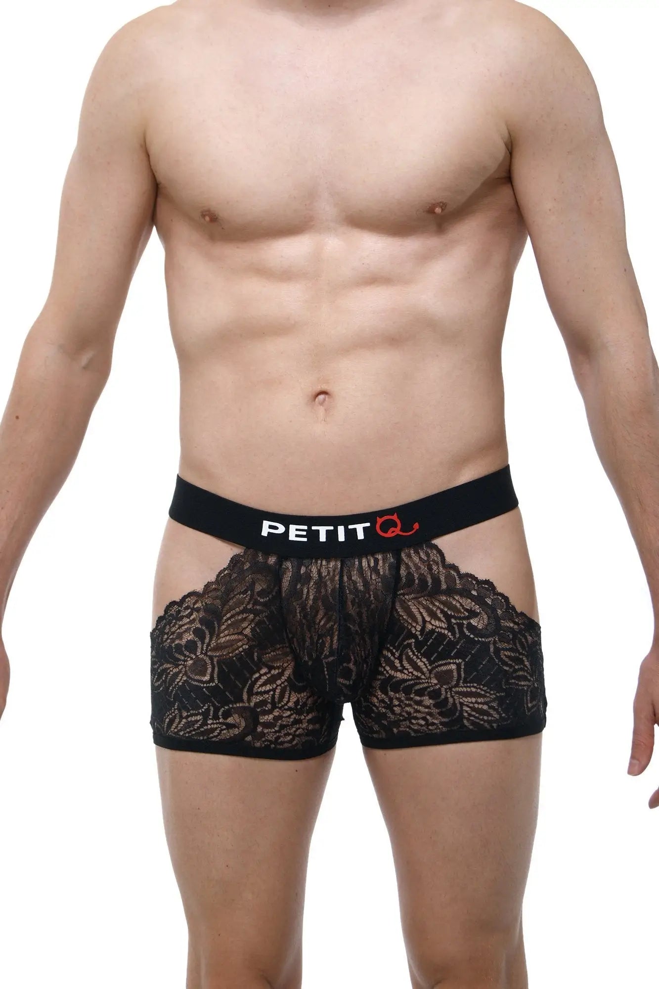 Black lace PetitQ boxer dentelle Trévoux black boxer briefs with floral pattern and black elastic waistband logo