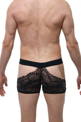 PetitQ boxer dentelle Trévoux black sheer black lace underwear with floral pattern and elastic waistband front view
