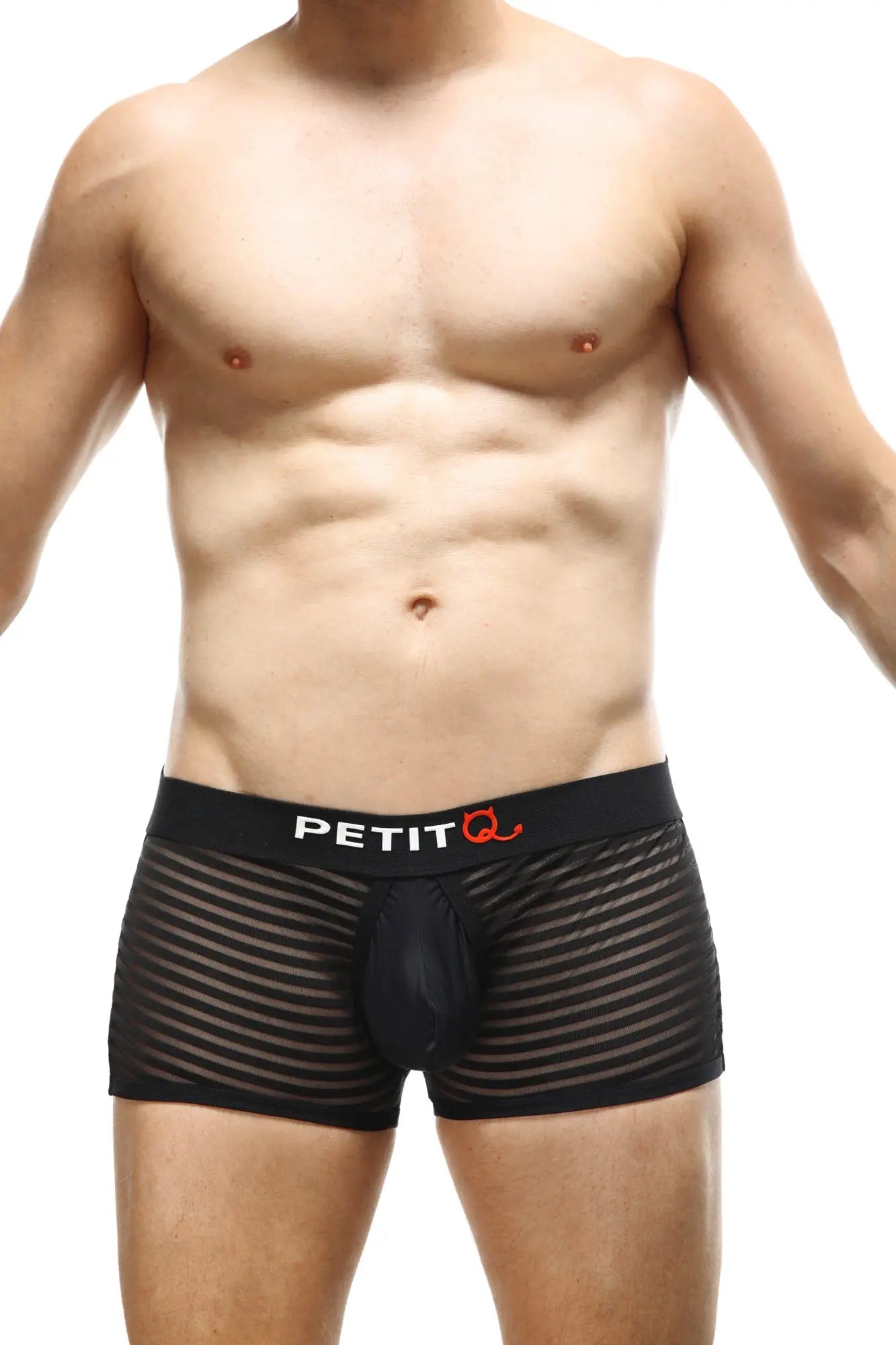 Black mesh boxer briefs with solid black pouch and petit q logo on waistband from petitq boxer jock mesh bars collection