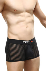 Black mesh boxer briefs with solid black waistband featuring petit logo in white and orange petitq boxer jock mesh bars