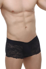 Black lace-trimmed PetitQ boxer briefs with intricate floral patterns in black lace material for elegant wear
