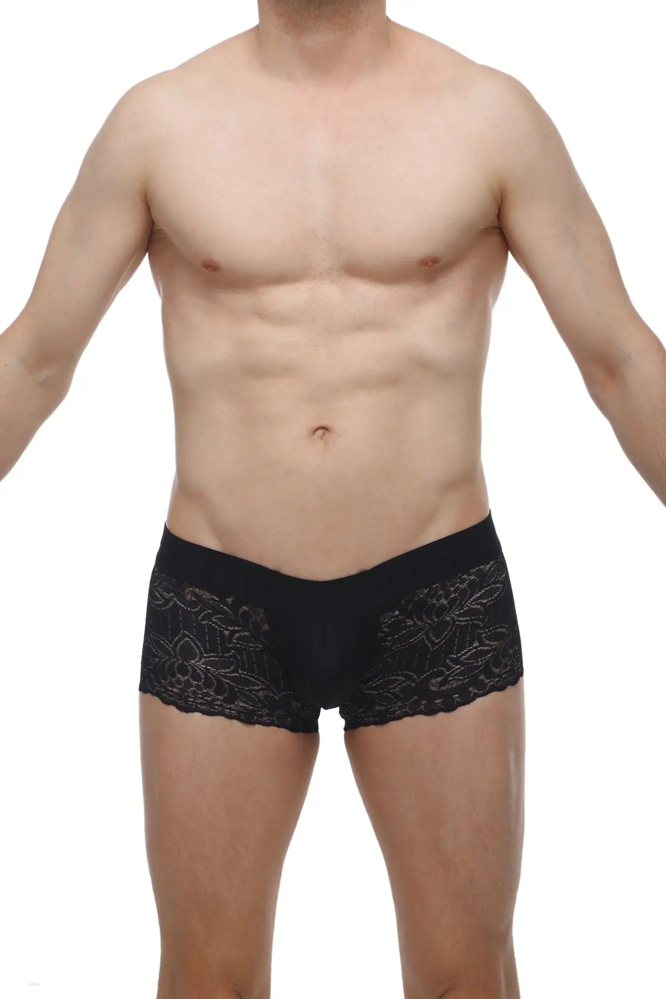 PetitQ boxer lace giers black men’s briefs with black lace trim and delicate floral embroidery on the sides