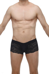 PetitQ boxer lace giers black men’s briefs with black lace trim and delicate floral embroidery on the sides