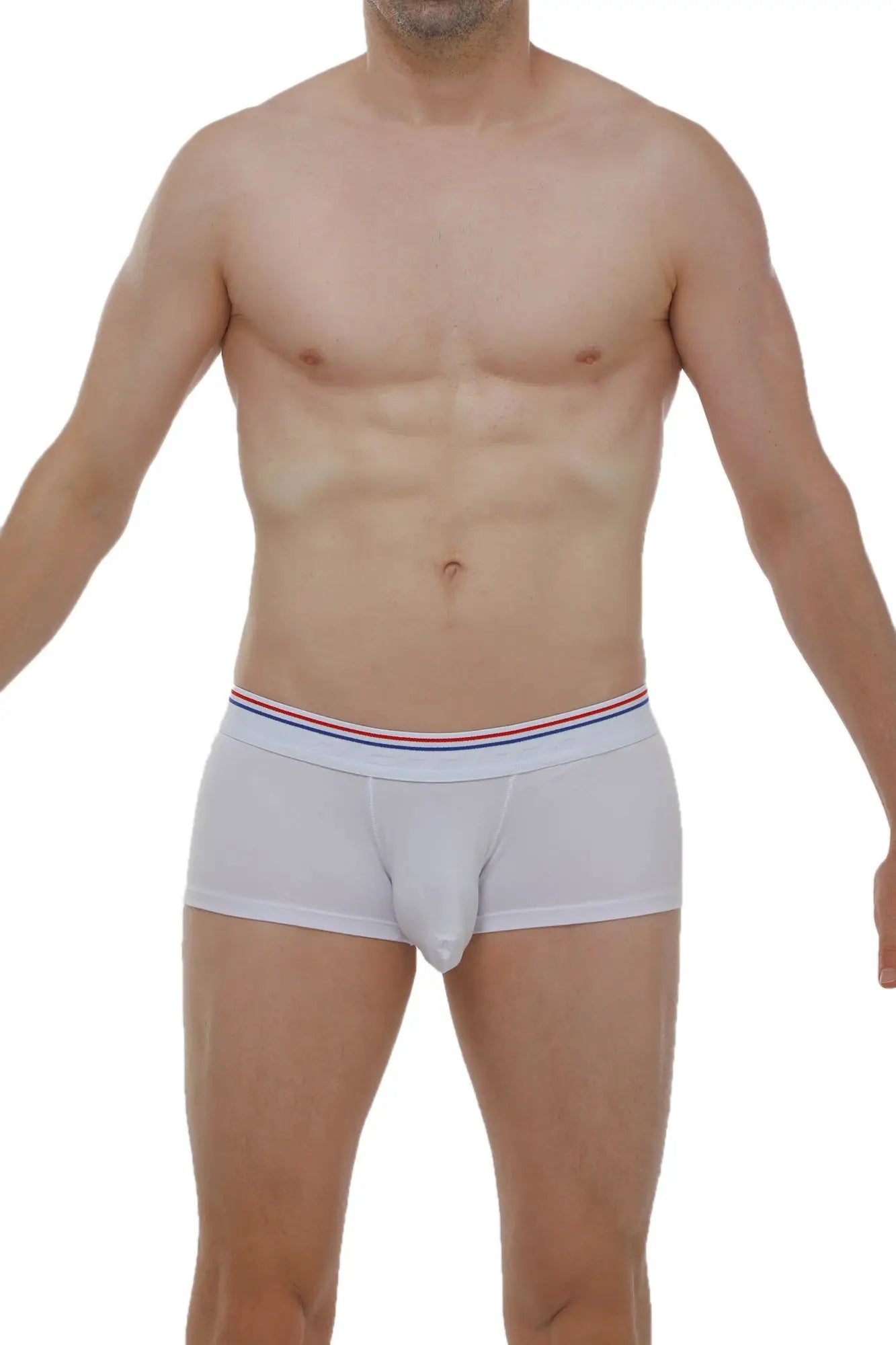 White petitq boxer linay modal briefs with red white and blue striped elastic waistband