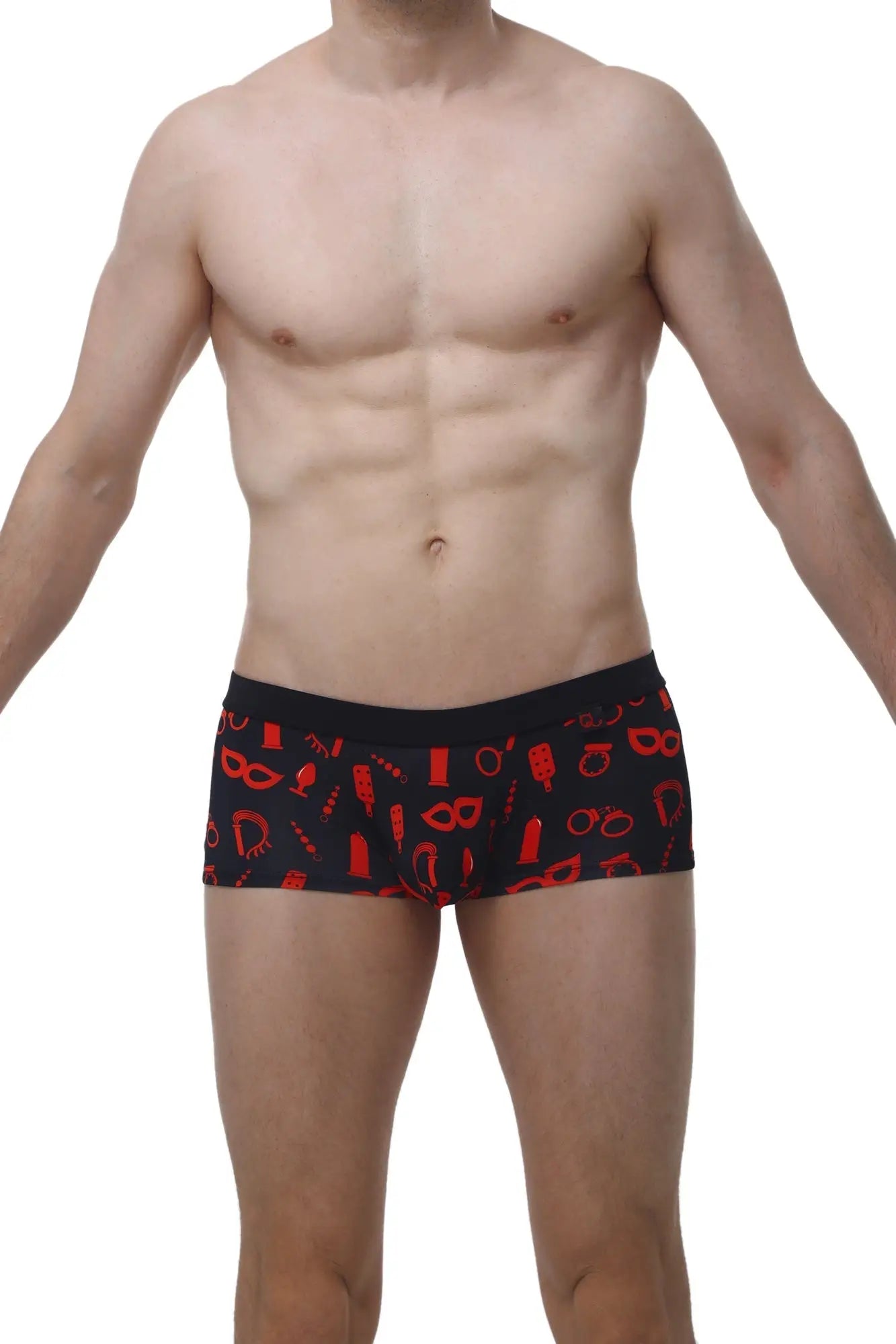 Black men’s briefs petitq boxer meljac boudoir with bold red party accessory pattern on black fabric