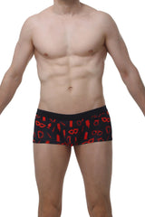 Black men’s briefs petitq boxer meljac boudoir with bold red party accessory pattern on black fabric
