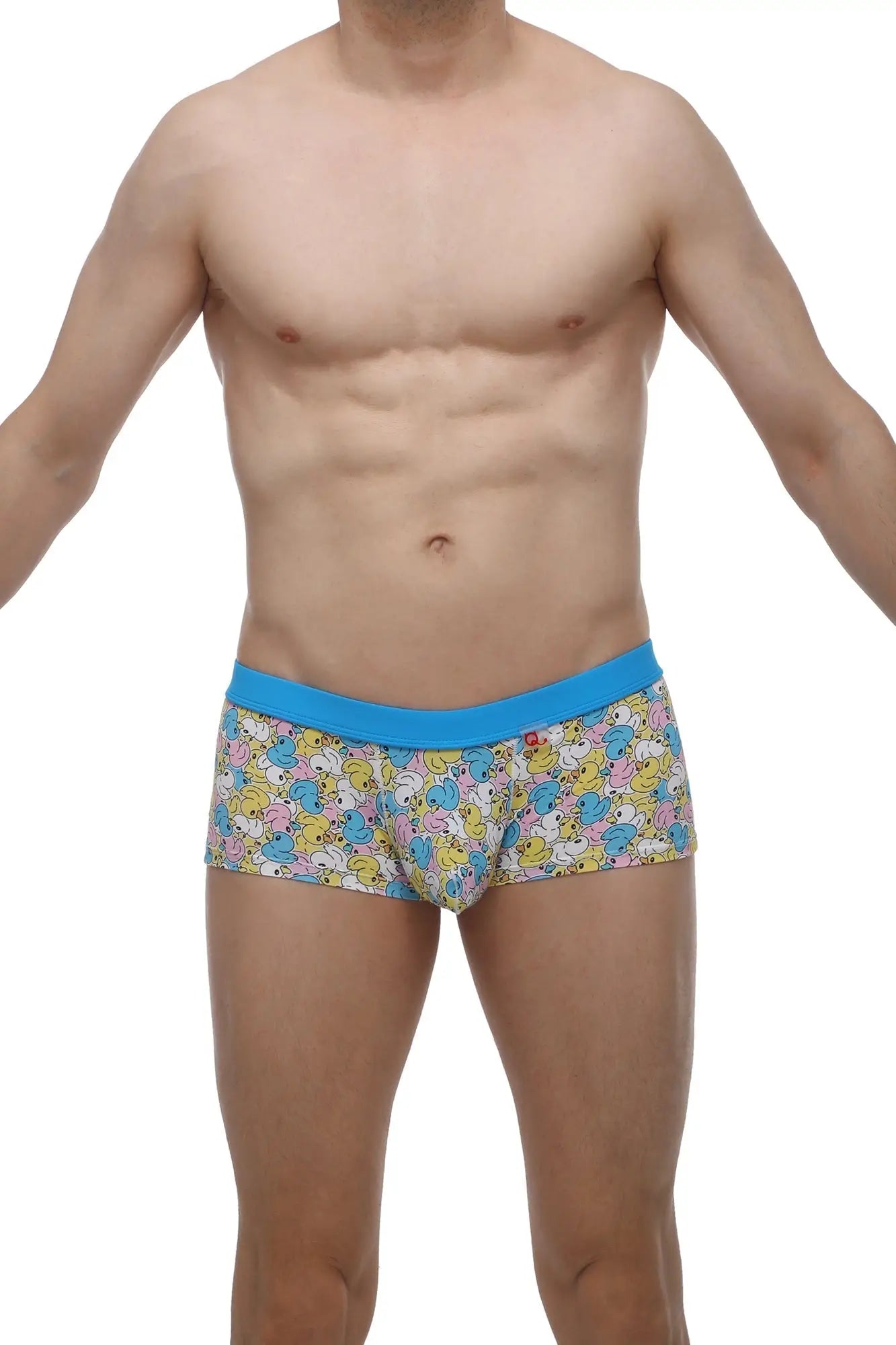 Petitq boxer meljac duckies blue-trimmed men’s briefs with pastel cartoon ducks on light fabric