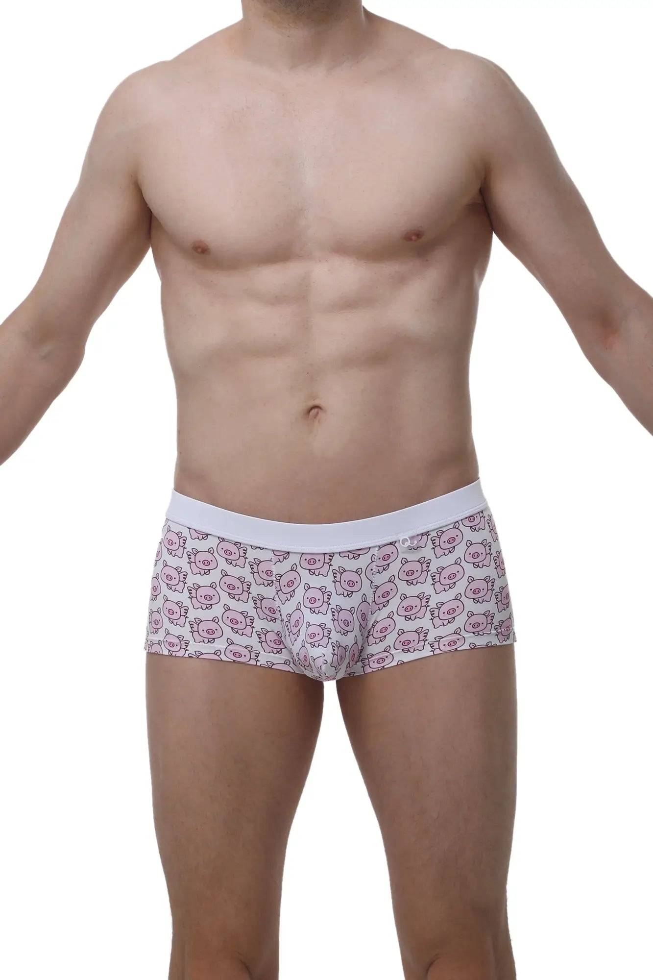 White briefs by petitq boxer meljac piggy love featuring a repeating pattern of pink cartoon pig faces
