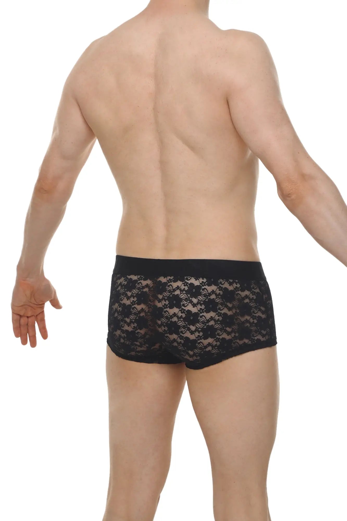 Black lace boxer briefs with delicate floral pattern and solid black waistband in montils lace black style