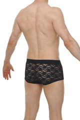 Black lace boxer briefs with delicate floral pattern and solid black waistband in montils lace black style