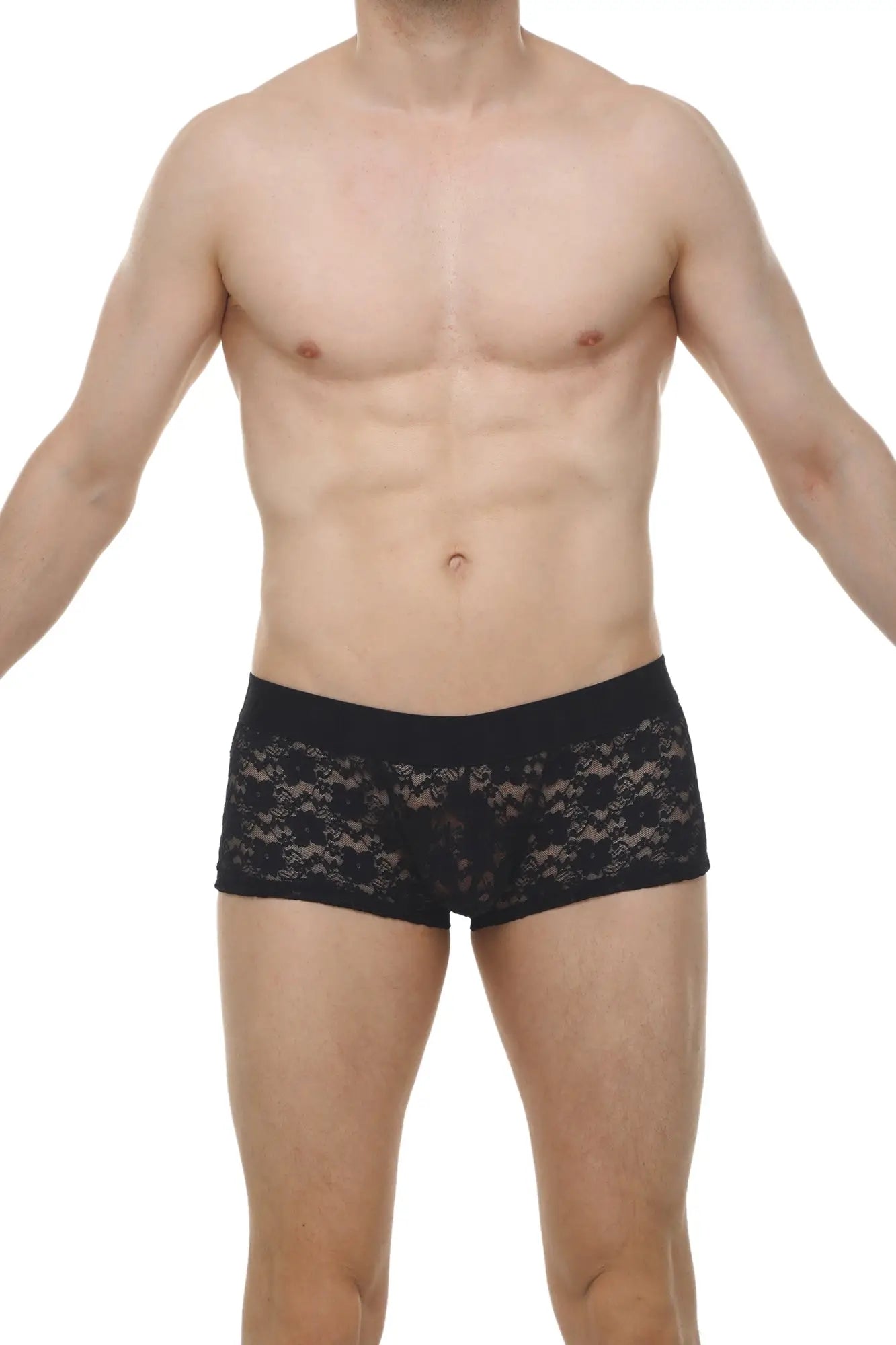 Black lace boxer briefs with a solid black waistband from boxer montils lace black collection