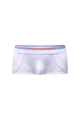 White petitq boxer morrier briefs with red white and blue striped elastic waistband featuring petitbag logo