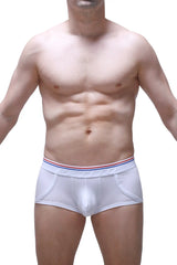 White petitq boxer morrier briefs with red white and blue striped waistband and dentist brand name in black