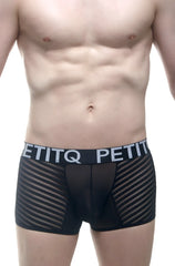 PetitQ boxer Mosnay black mesh boxer briefs with solid black waistband and white petitq logo lettering