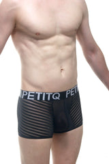 Black mesh petitq boxer briefs with a white logo waistband designed for comfort and style