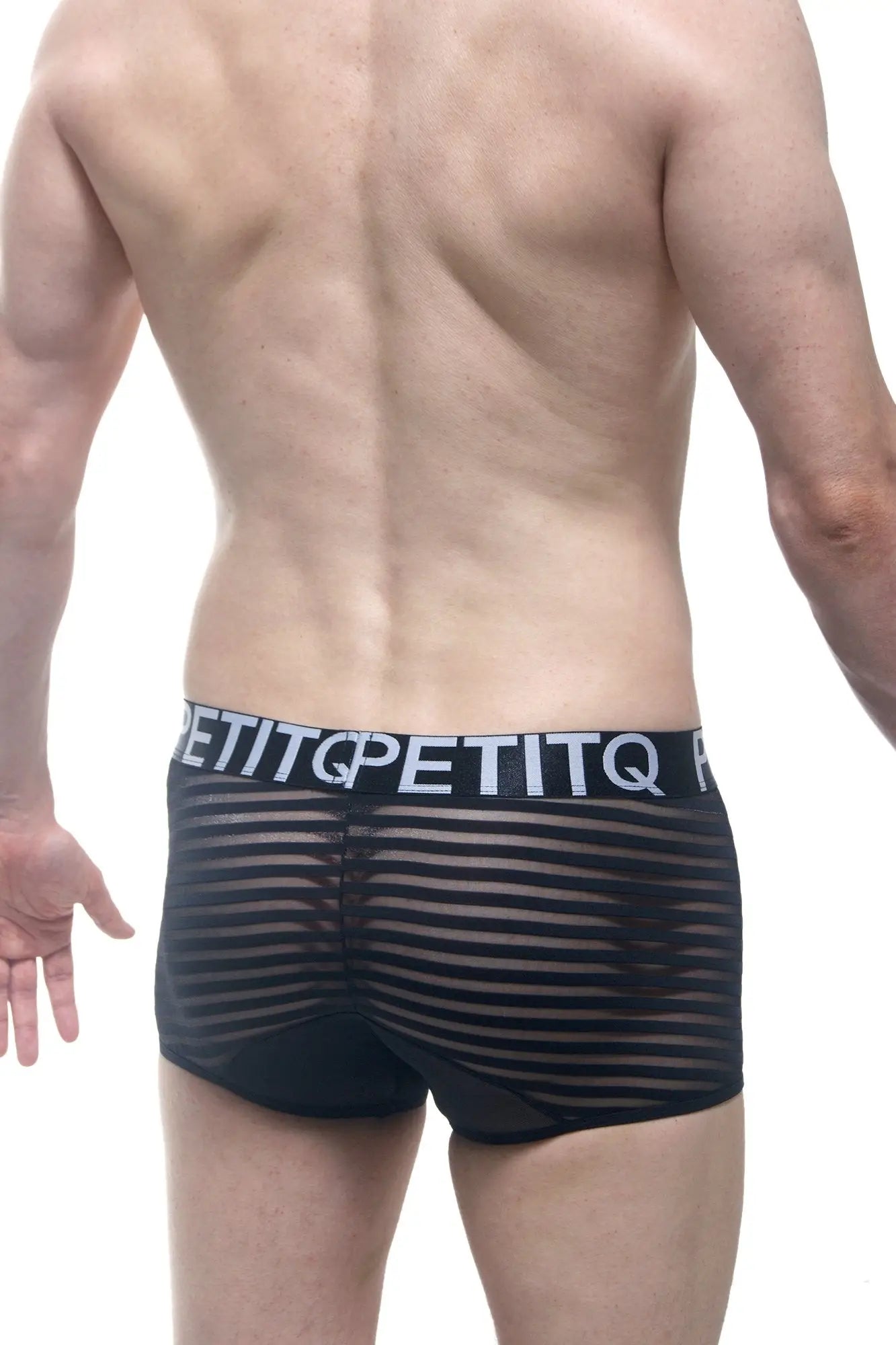 Petitq boxer mosnay black sheer striped boxer briefs with black elastic waistband and white petitq logo