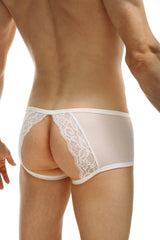 White lace-trimmed mens boxer briefs petitq murol lace blanc with sheer form-fitting design